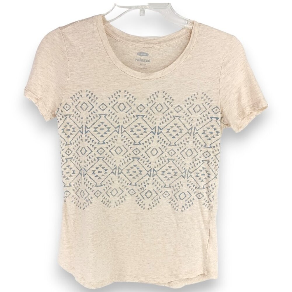 OLD NAVY-Women's Tee Shirt-XS-Cream-Blue-Crew-Casual-Short Sleeve